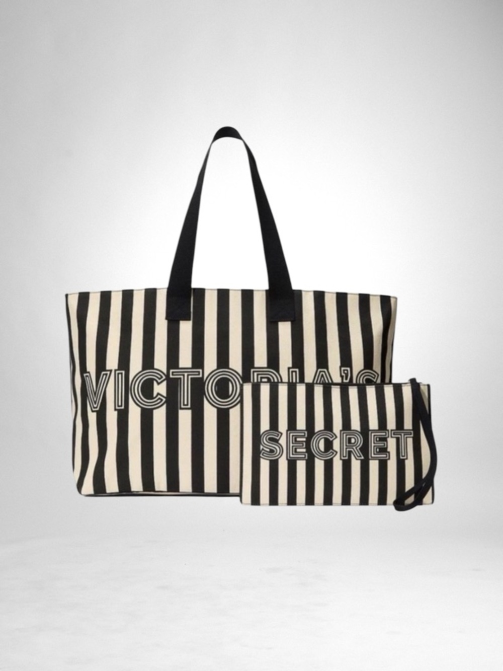 Victoria's Secret Black and White Striped Tote Set NWT